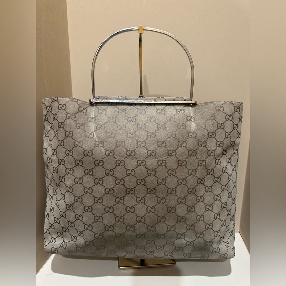 Anthracite GG Suede Metal Handle Bag by Gucci